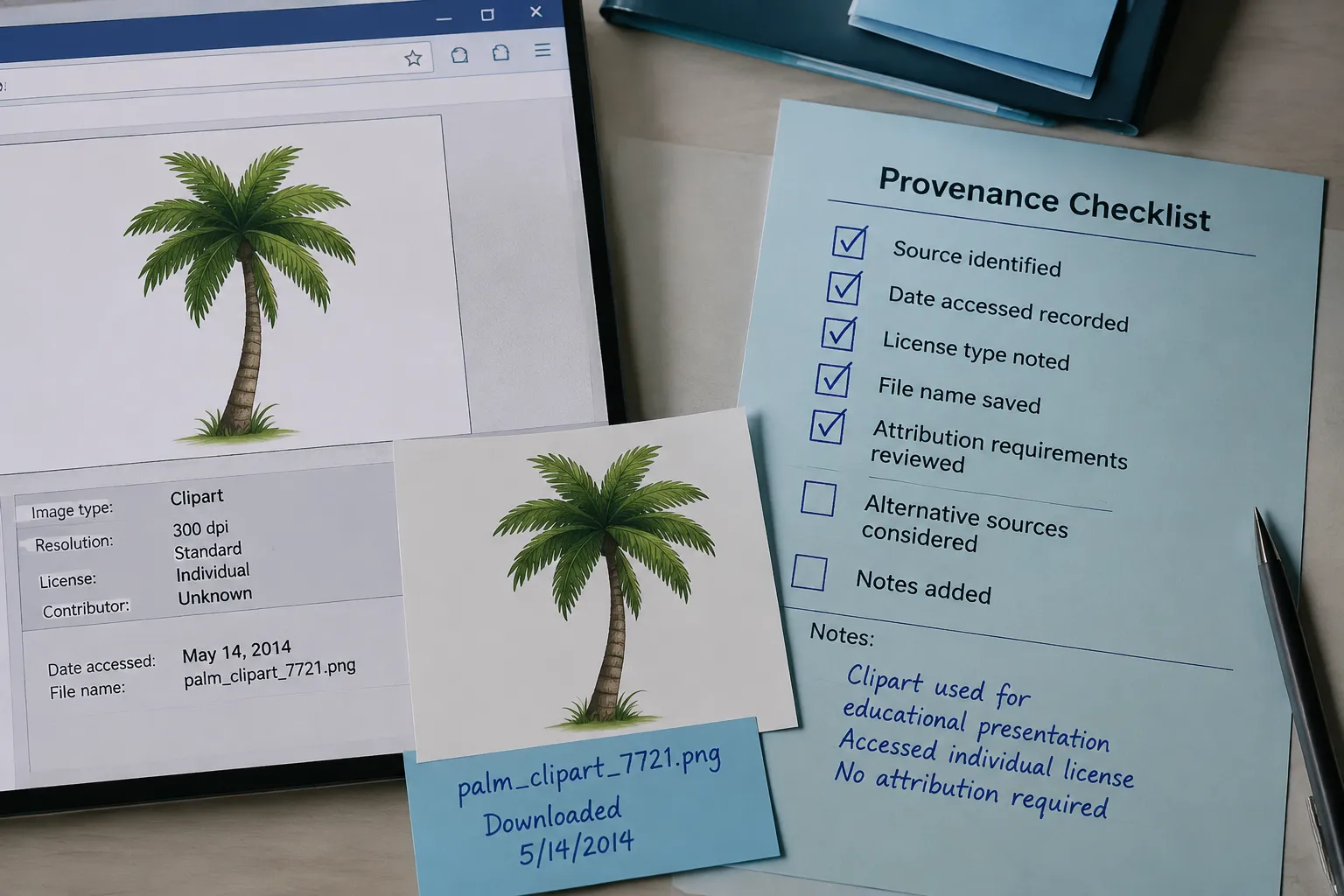 Dated screenshot and retained clipart file connected in a provenance review record
