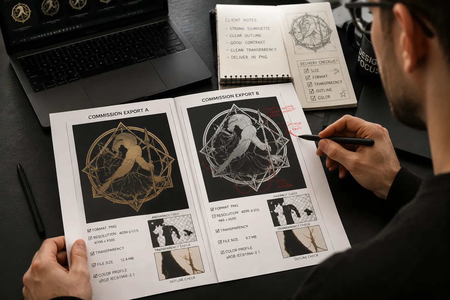 Side-by-side visual inspection of motif silhouette, color, transparency, and export details