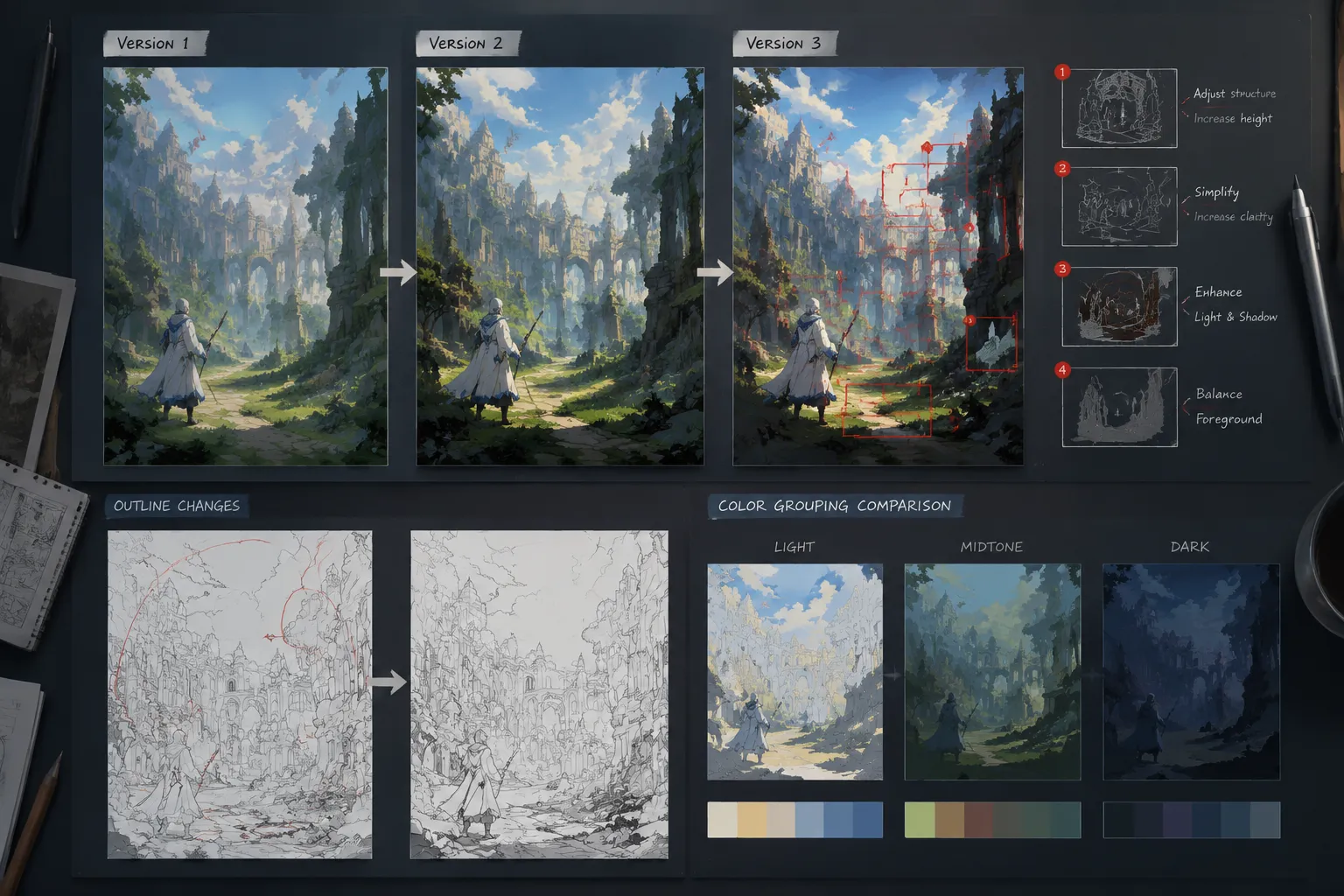 Version history comparison of artwork revisions, approvals, and export identifiers