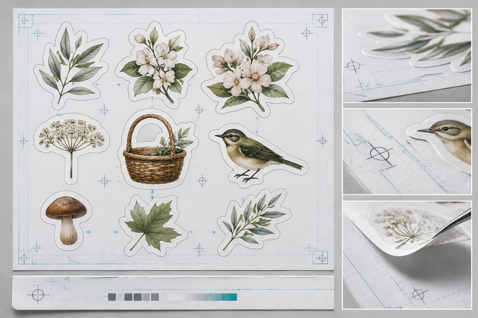Sticker artwork and production preview showing spacing and cut boundaries