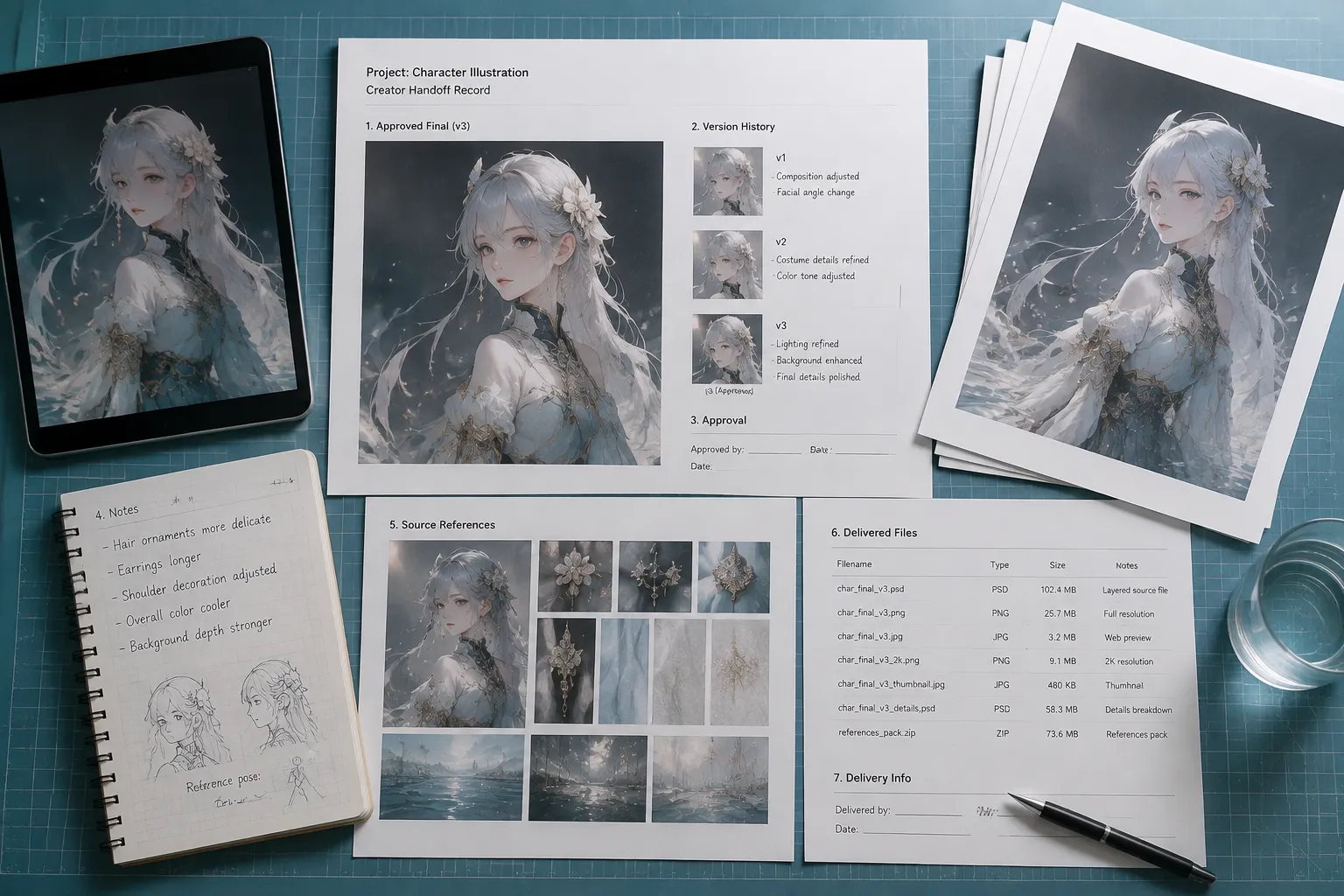 Annotated commissioned artwork record connecting approvals, revisions, source terms, and delivered files