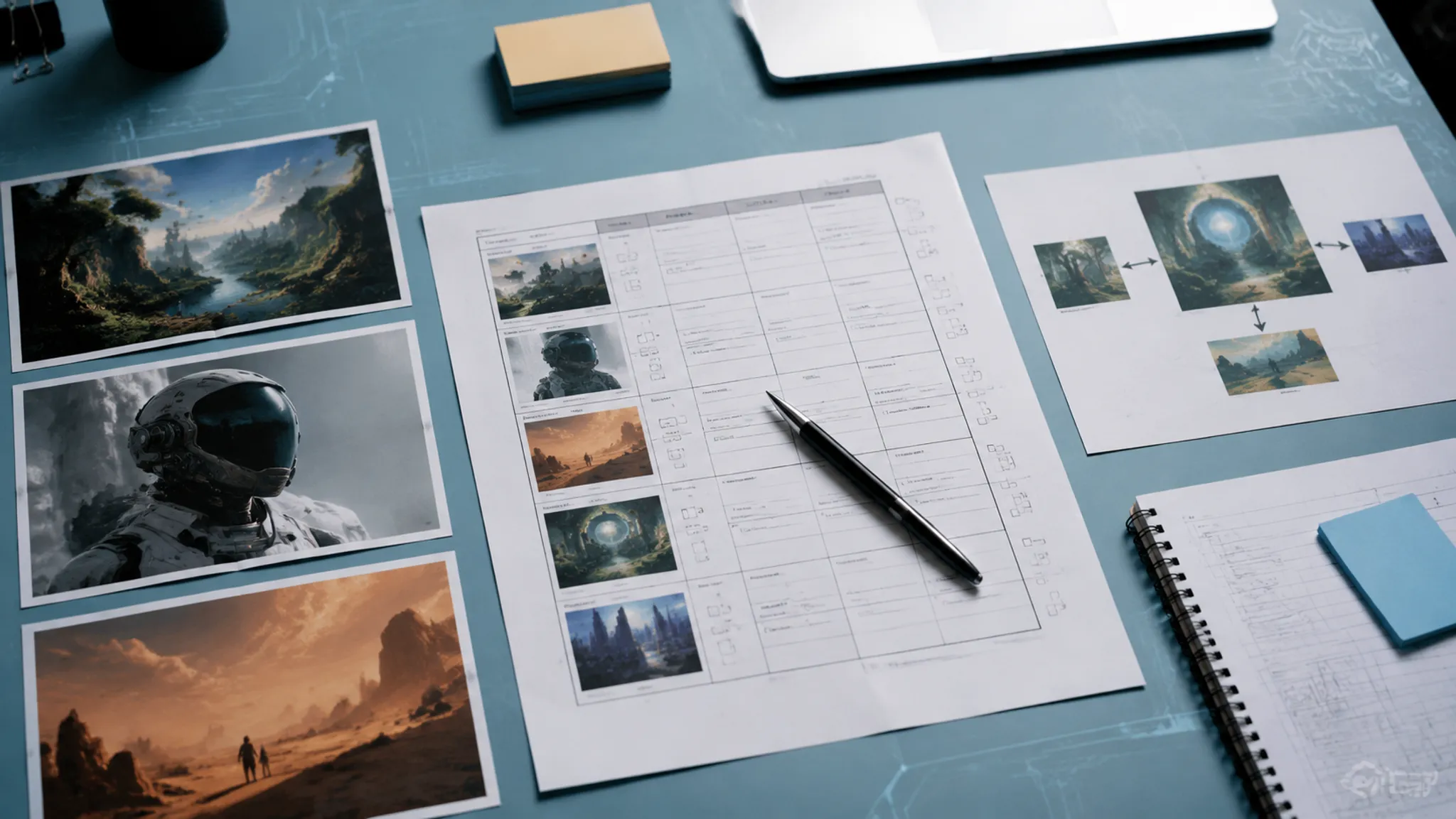 AI artwork provenance records arranged beside a reviewed asset pack