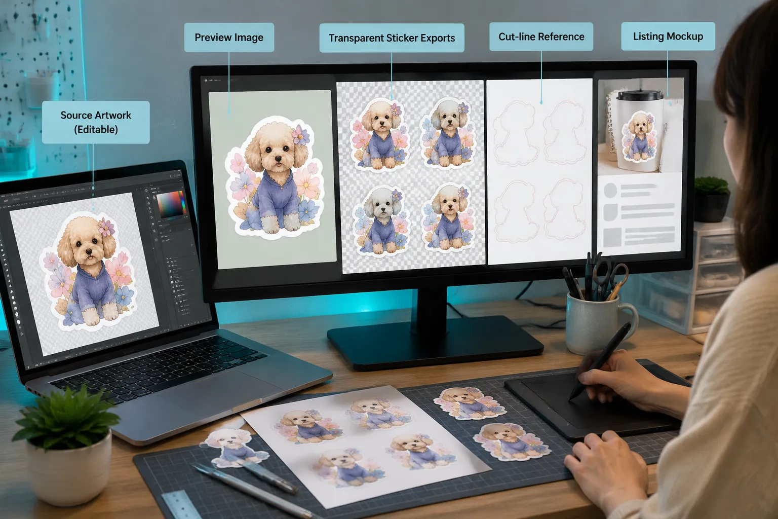 Delivered artwork files separated into previews, editable sources, exports, and listing images