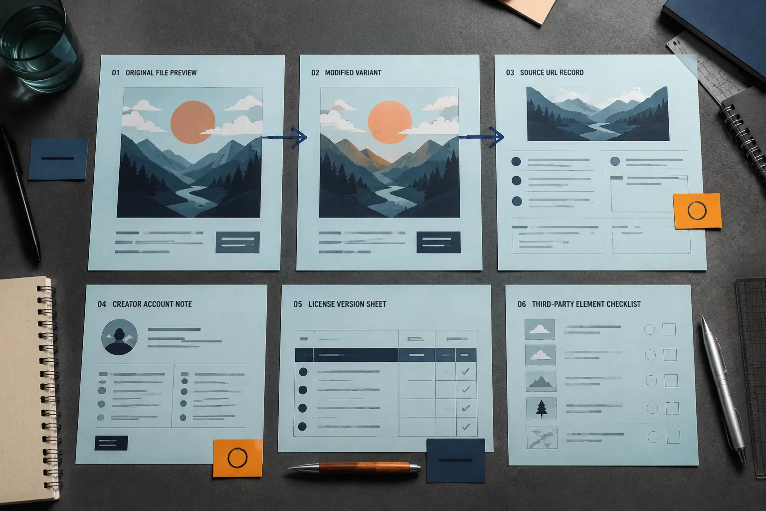 Detailed source record separating an original asset, modified file, license version, creator information, and third-party elements
